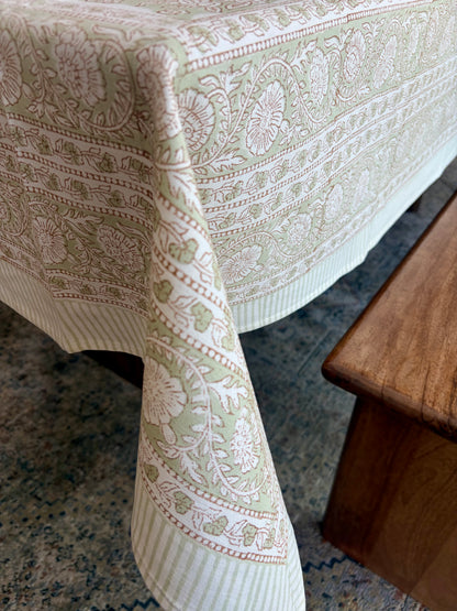 Olive Aviary Block Print Cotton Tablecloth collection - Green White - Multiple Sizes