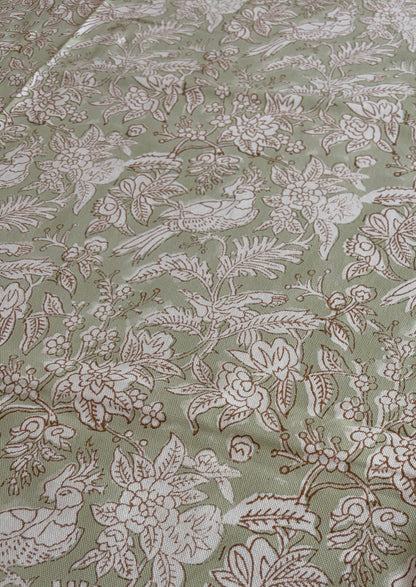 Olive Aviary Block Print Cotton Tablecloth collection - Green White - Multiple Sizes