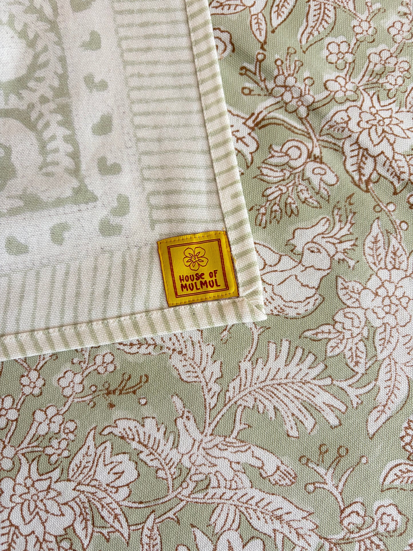 Olive Aviary Block Print Cotton Tablecloth collection - Green White - Multiple Sizes