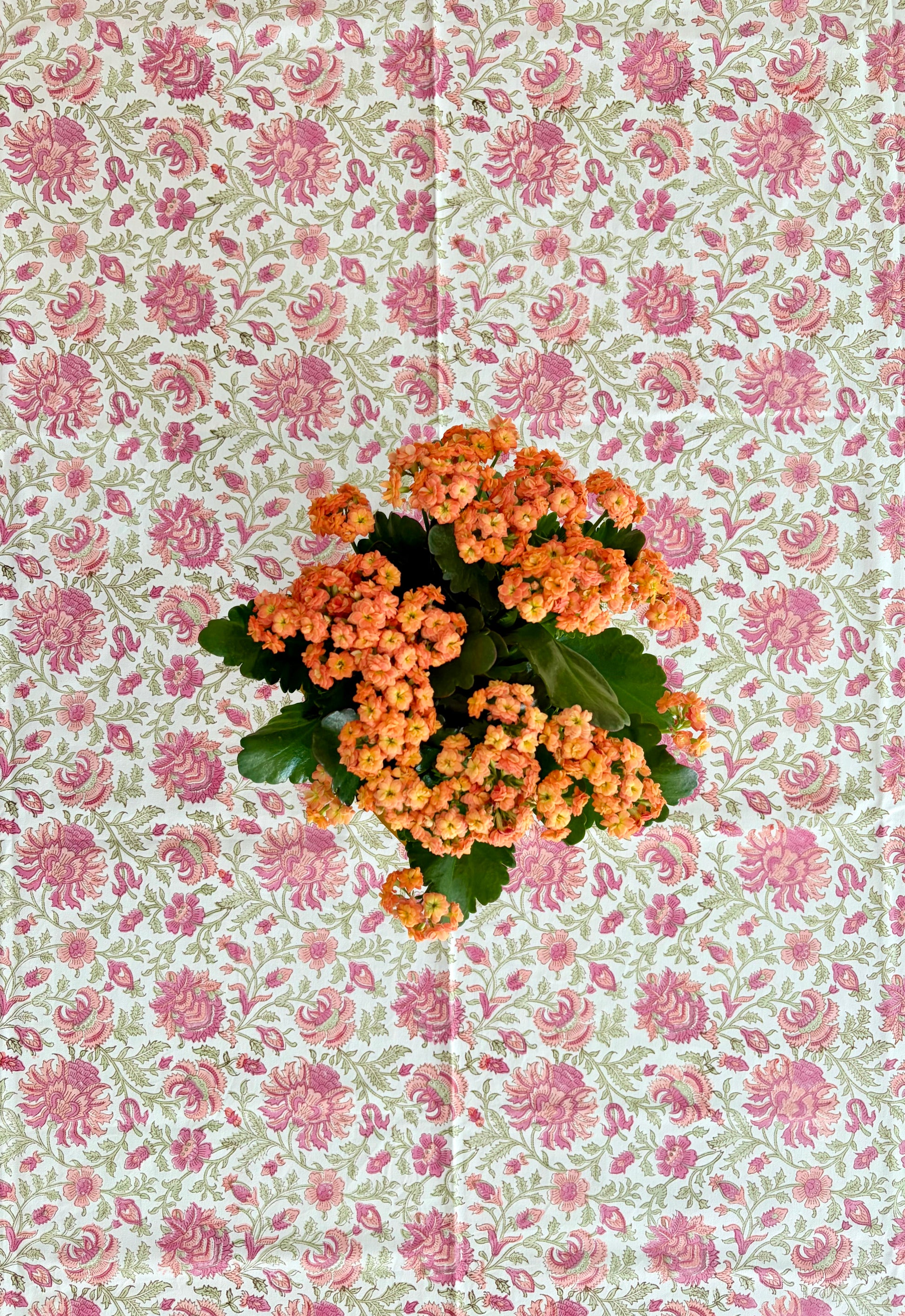 House of Mulmul - Blockprinted Cotton Table Cloth. A cluster of orange flowers with green leaves arranged in the center of a pink and green floral patterned background.