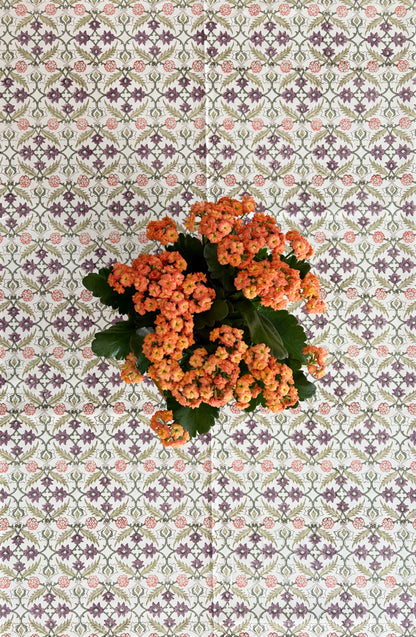 House of Mulmul - Blockprinted Cotton Table Cloth. A top-down view of a potted orange flowering plant with green leaves, placed on a patterned cream, purple, and pink tablecloth.