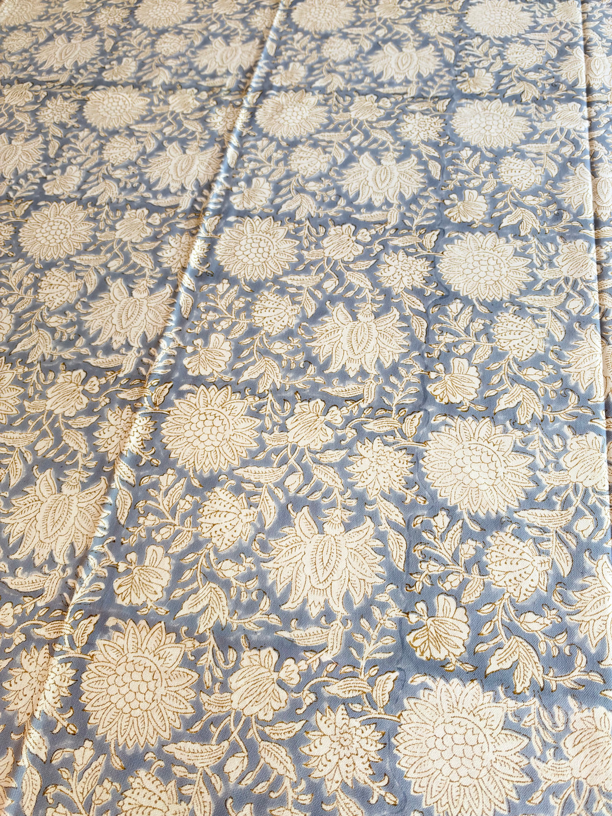 Serena Floral Block Print Cotton Tablecloth - Blue Grey White - 6 Seater - 60x90 inches