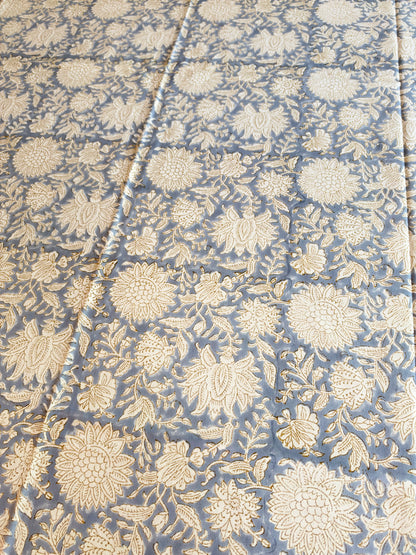 Serena Floral Block Print Cotton Tablecloth - Blue Grey White - 6 Seater - 60x90 inches