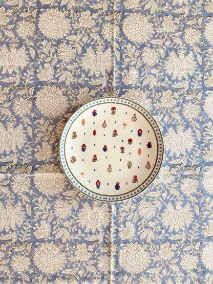 Serena Floral Block Print Cotton Tablecloth - Blue Grey White - 6 Seater - 60x90 inches