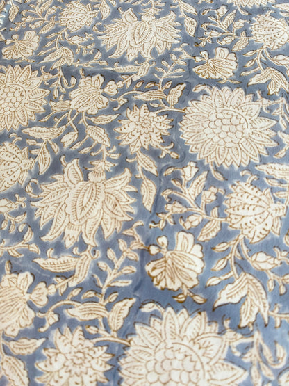 Serena Floral Block Print Cotton Tablecloth - Blue Grey White - 6 Seater - 60x90 inches