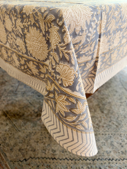 Serena Floral Block Print Cotton Tablecloth - Blue Grey White - 6 Seater - 60x90 inches