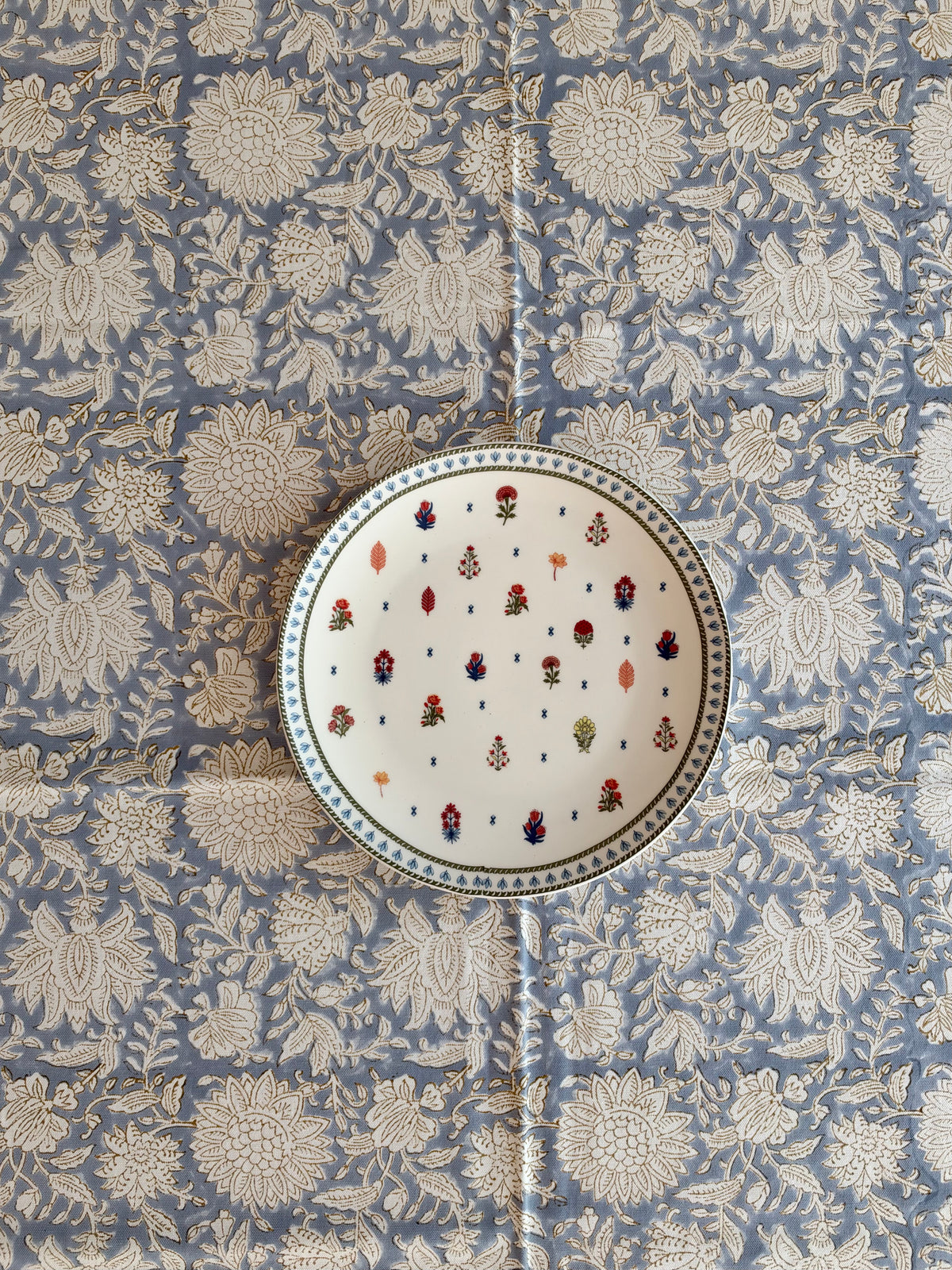 Serena Floral Block Print Cotton Tablecloth - Blue Grey White - 6 Seater - 60x90 inches