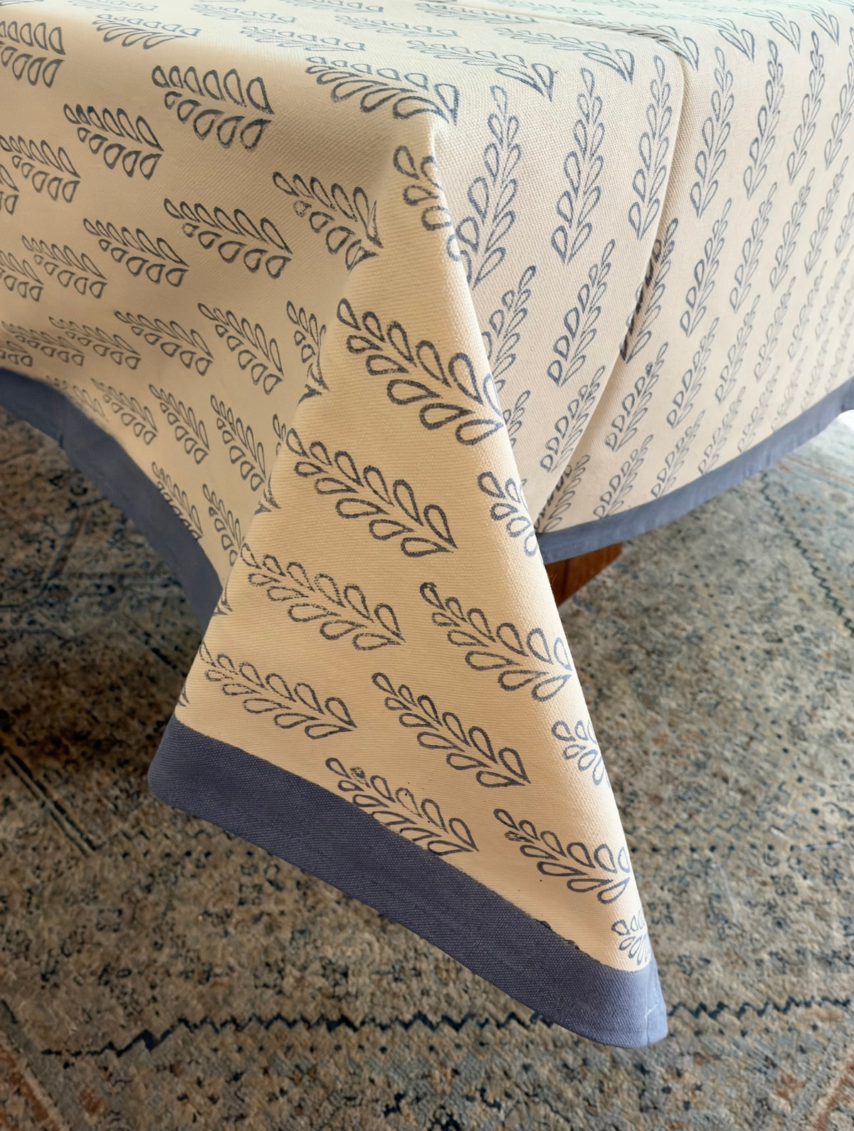Aspen Leaf Block Print Cotton Tablecloth - Blue White - 6 Seater - 60x90 inches