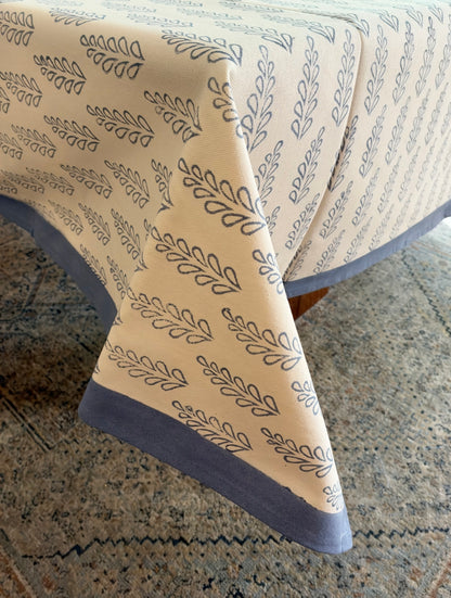 Aspen Leaf Block Print Cotton Tablecloth - Blue White - 6 Seater - 60x90 inches