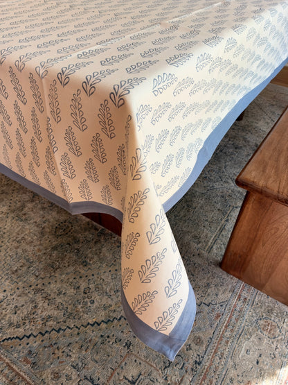 Aspen Leaf Block Print Cotton Tablecloth - Blue White - 6 Seater - 60x90 inches