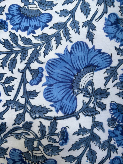 House of Mulmul - Blockprinted Cotton Reversible Table Runner & Placemats set. Close-up of blue floral pattern on a white background