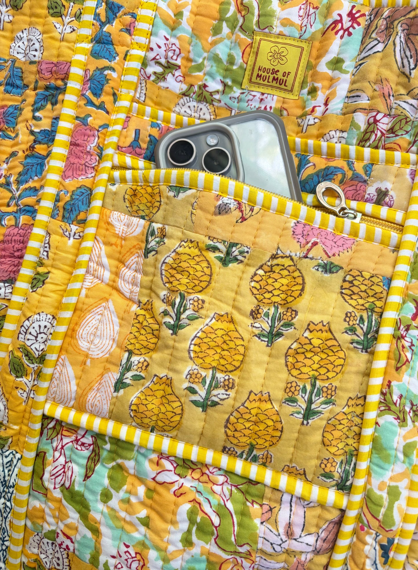 The Solis Quilted Handblock Printed Cotton Patchwork Tote Bag - Yellow