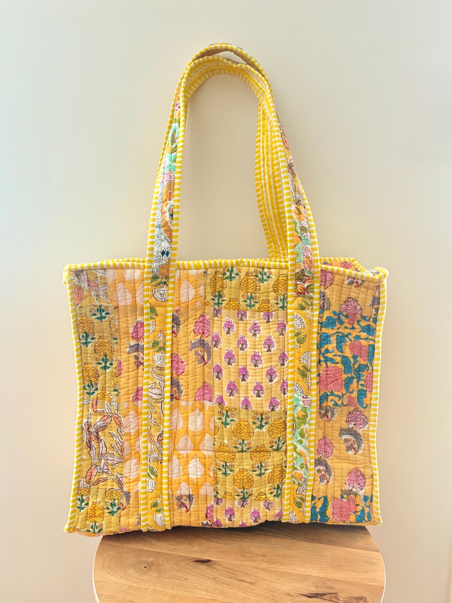 The Solis Quilted Handblock Printed Cotton Patchwork Tote Bag - Yellow