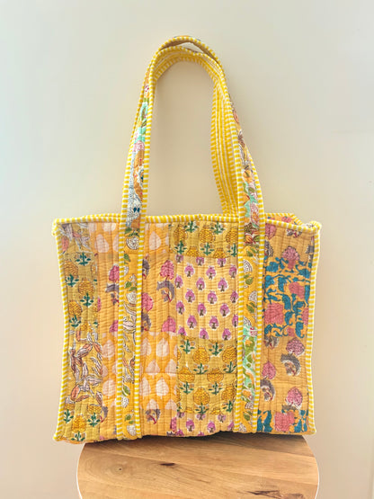 The Solis Quilted Handblock Printed Cotton Patchwork Tote Bag - Yellow