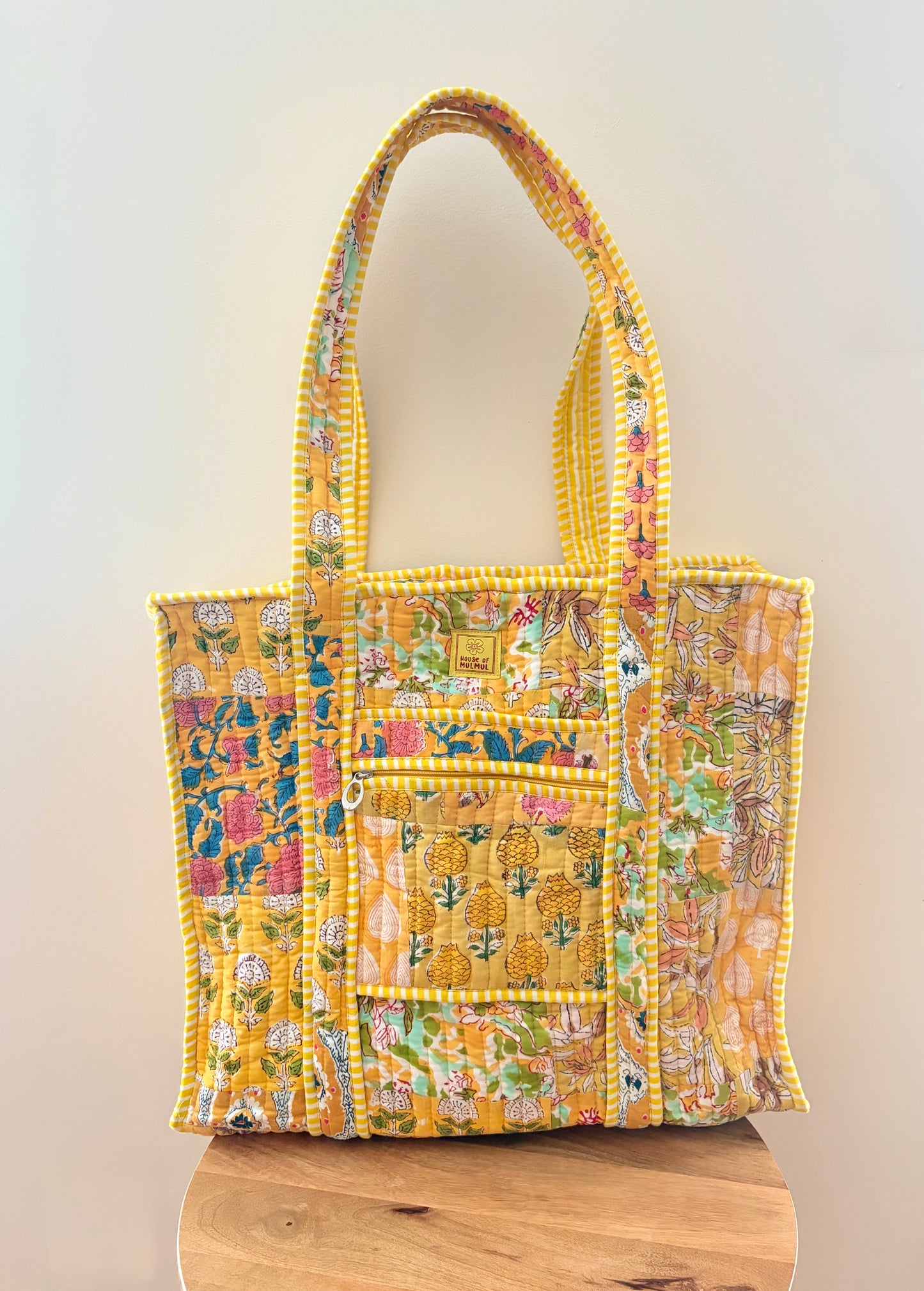 The Solis Quilted Handblock Printed Cotton Patchwork Tote Bag - Yellow