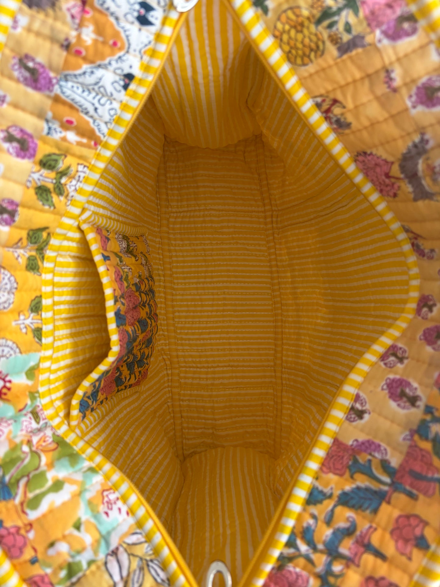 The Solis Quilted Handblock Printed Cotton Patchwork Tote Bag - Yellow
