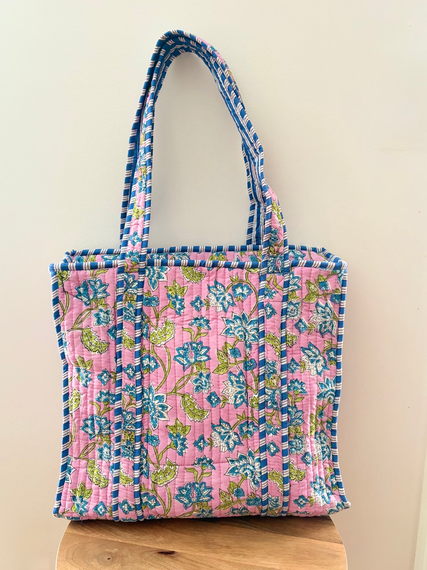 The Purple Vine Quilted Handblock Printed Cotton Tote Bag - Lavender Green