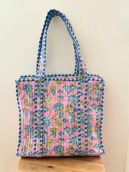 The Purple Vine Quilted Handblock Printed Cotton Tote Bag - Lavender Green