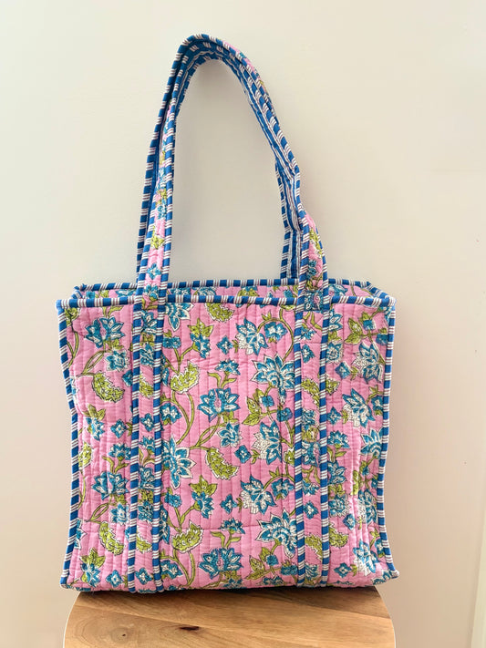 The Purple Vine Quilted Handblock Printed Cotton Tote Bag - Lavender Green