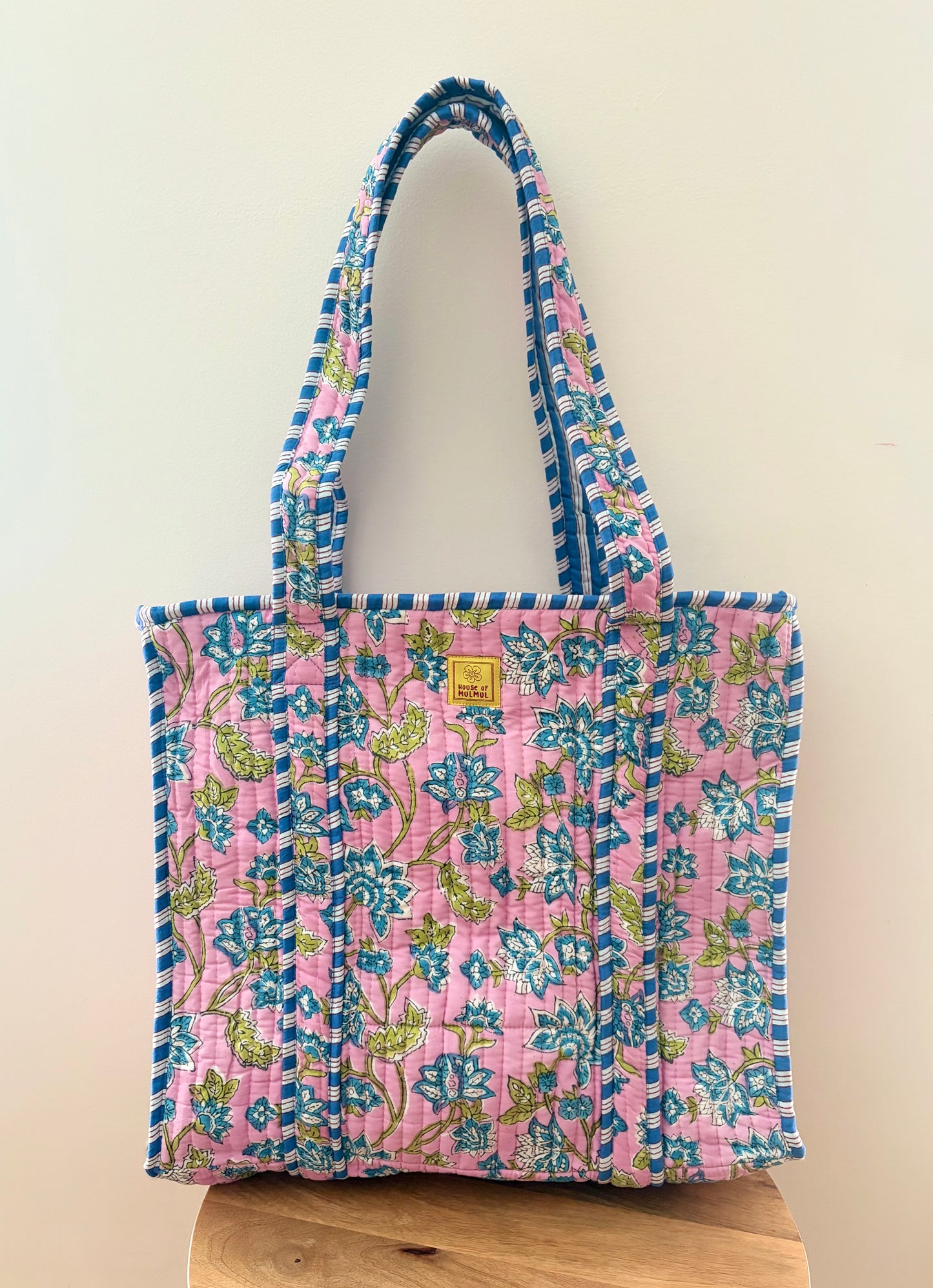 The Purple Vine Quilted Handblock Printed Cotton Tote Bag - Lavender Green