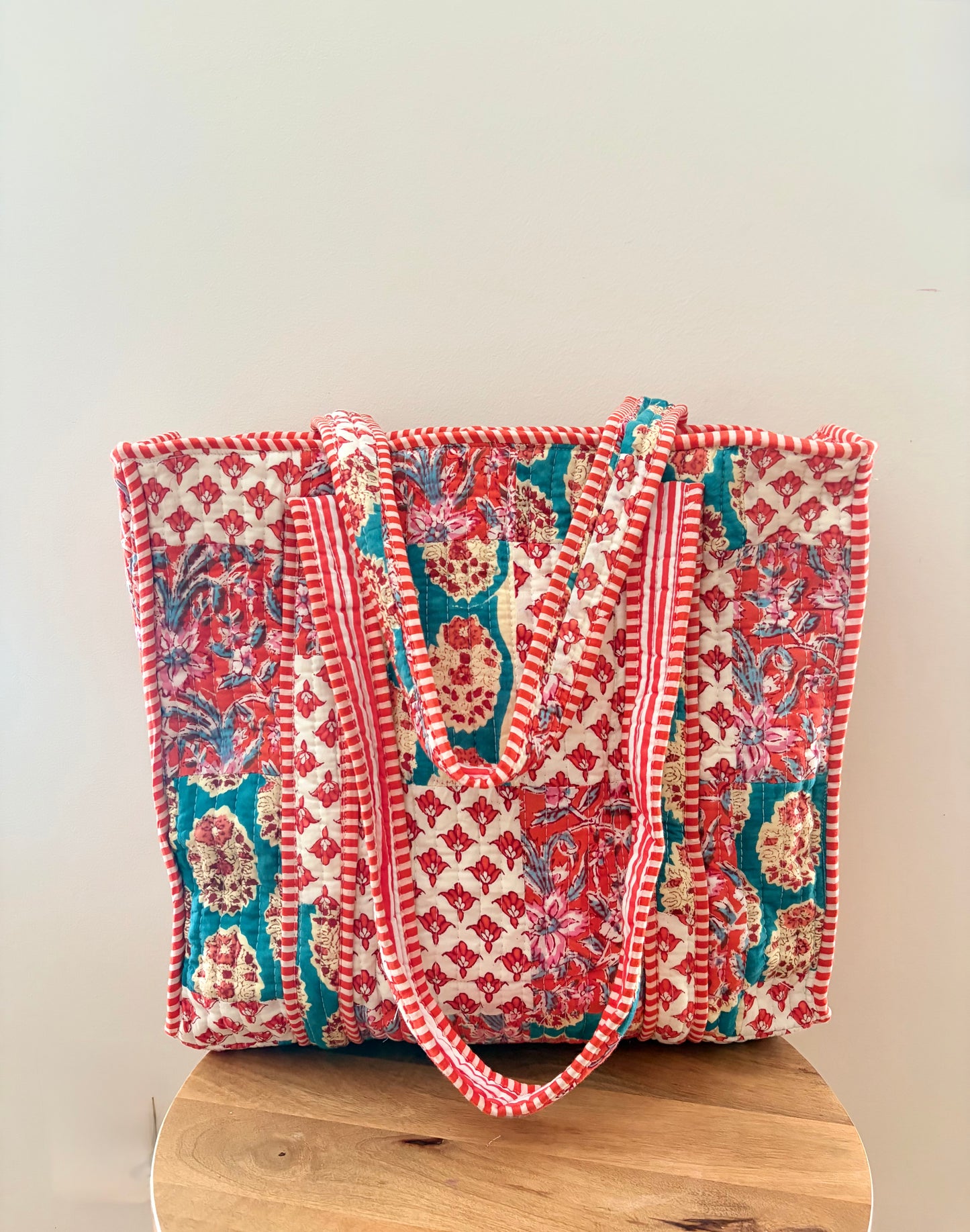 The Ira Terracotta Quilted Handblock Printed Cotton Patchwork Tote Bag - Orange Teal White