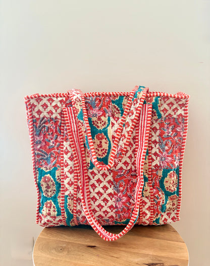 The Ira Terracotta Quilted Handblock Printed Cotton Patchwork Tote Bag - Orange Teal White