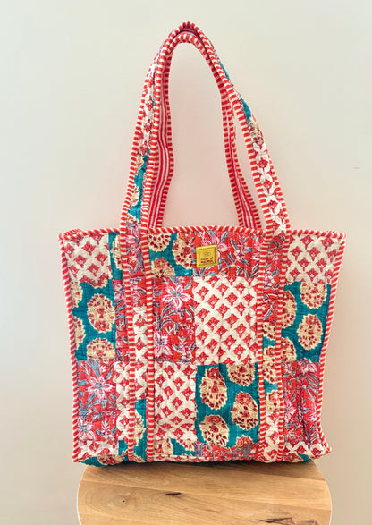 The Ira Terracotta Quilted Handblock Printed Cotton Patchwork Tote Bag - Orange Teal White