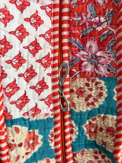 The Ira Terracotta Quilted Handblock Printed Cotton Patchwork Tote Bag - Orange Teal White