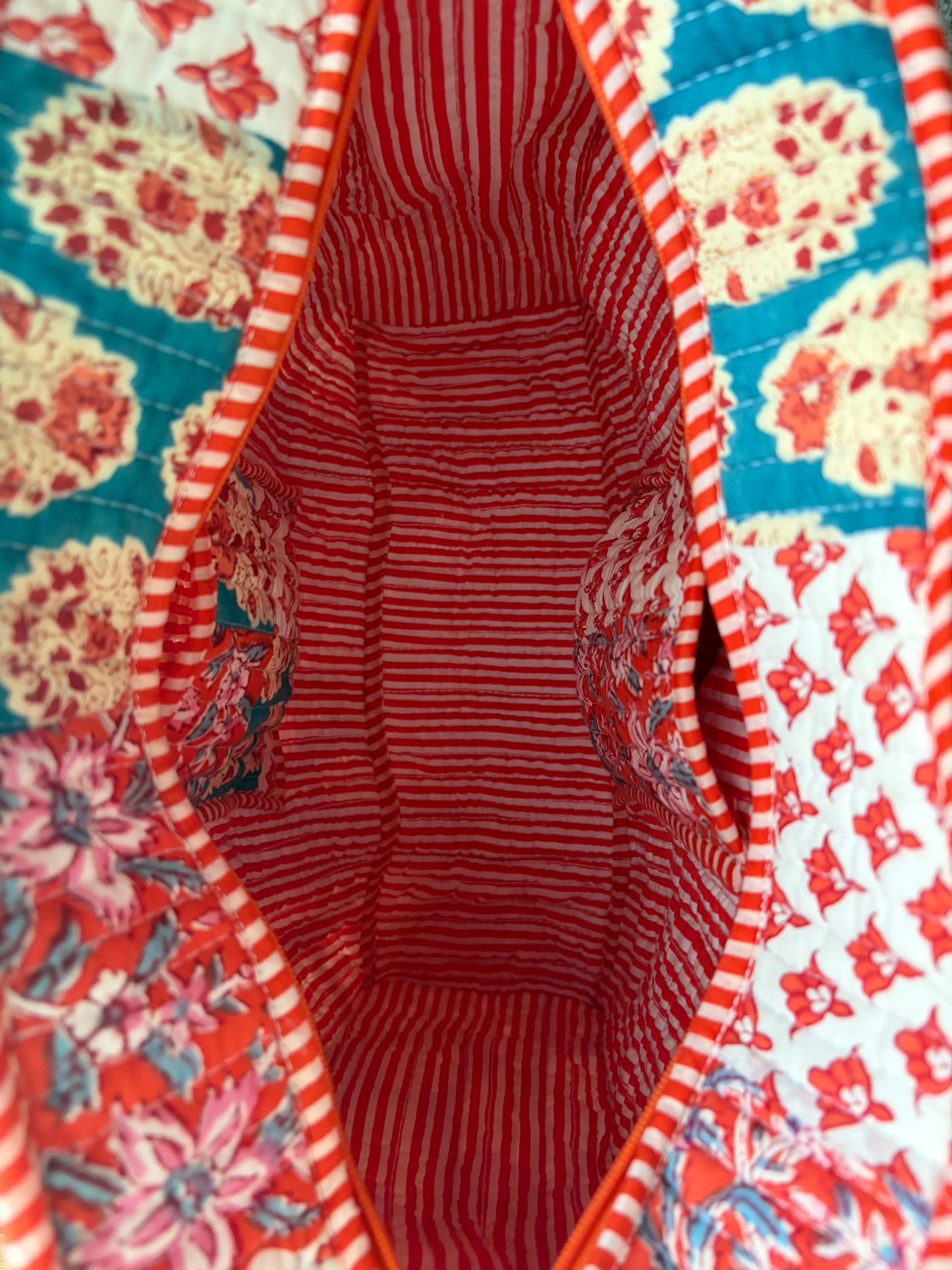 The Ira Terracotta Quilted Handblock Printed Cotton Patchwork Tote Bag - Orange Teal White