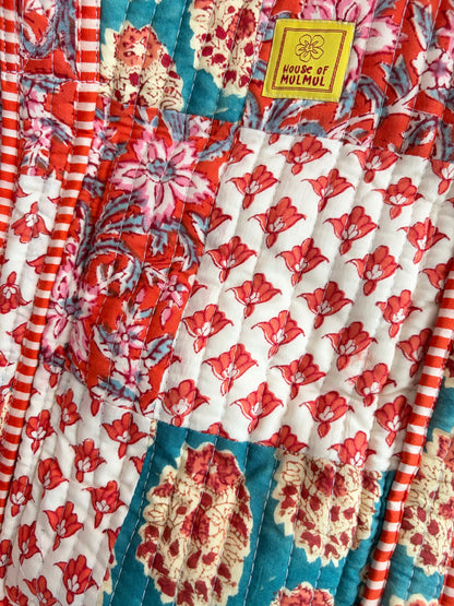 The Ira Terracotta Quilted Handblock Printed Cotton Patchwork Tote Bag - Orange Teal White