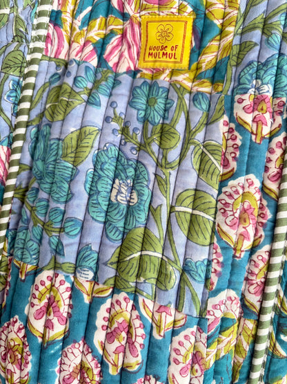 The Meera Sage Quilted Handblock Printed Cotton Patchwork Tote Bag - Blue Green