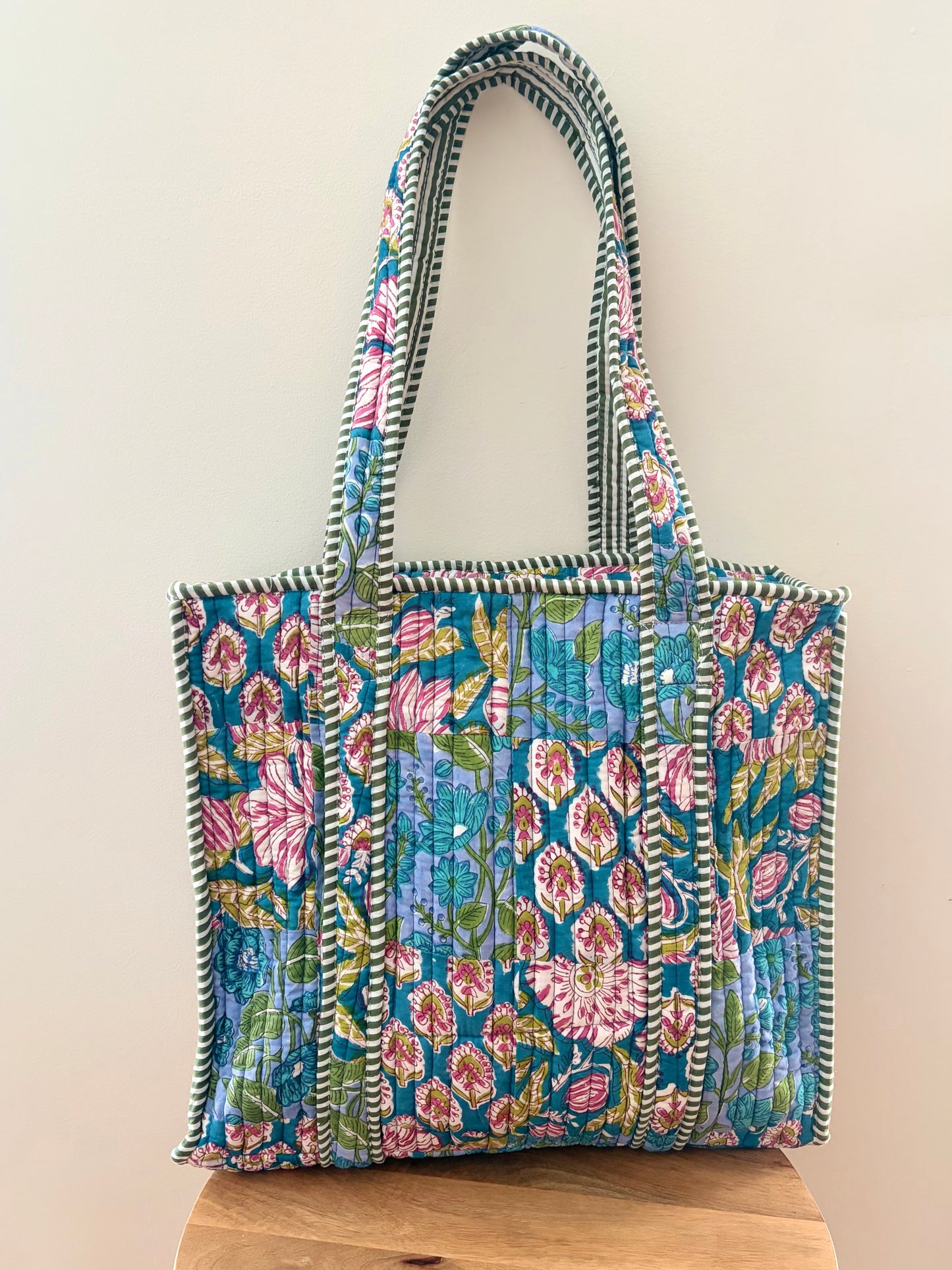 The Meera Sage Quilted Handblock Printed Cotton Patchwork Tote Bag - Blue Green