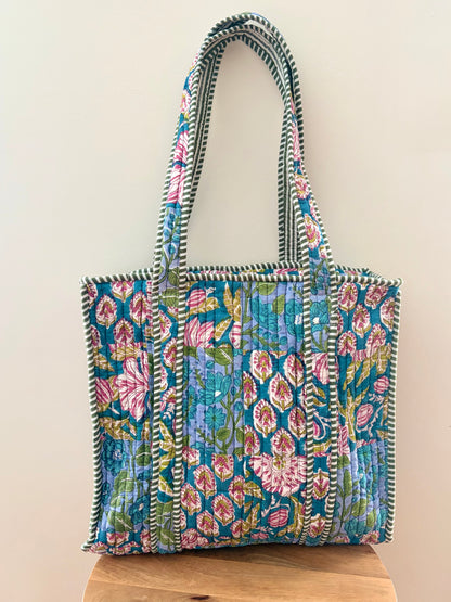 The Meera Sage Quilted Handblock Printed Cotton Patchwork Tote Bag - Blue Green