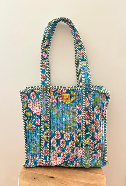 The Meera Sage Quilted Handblock Printed Cotton Patchwork Tote Bag - Blue Green