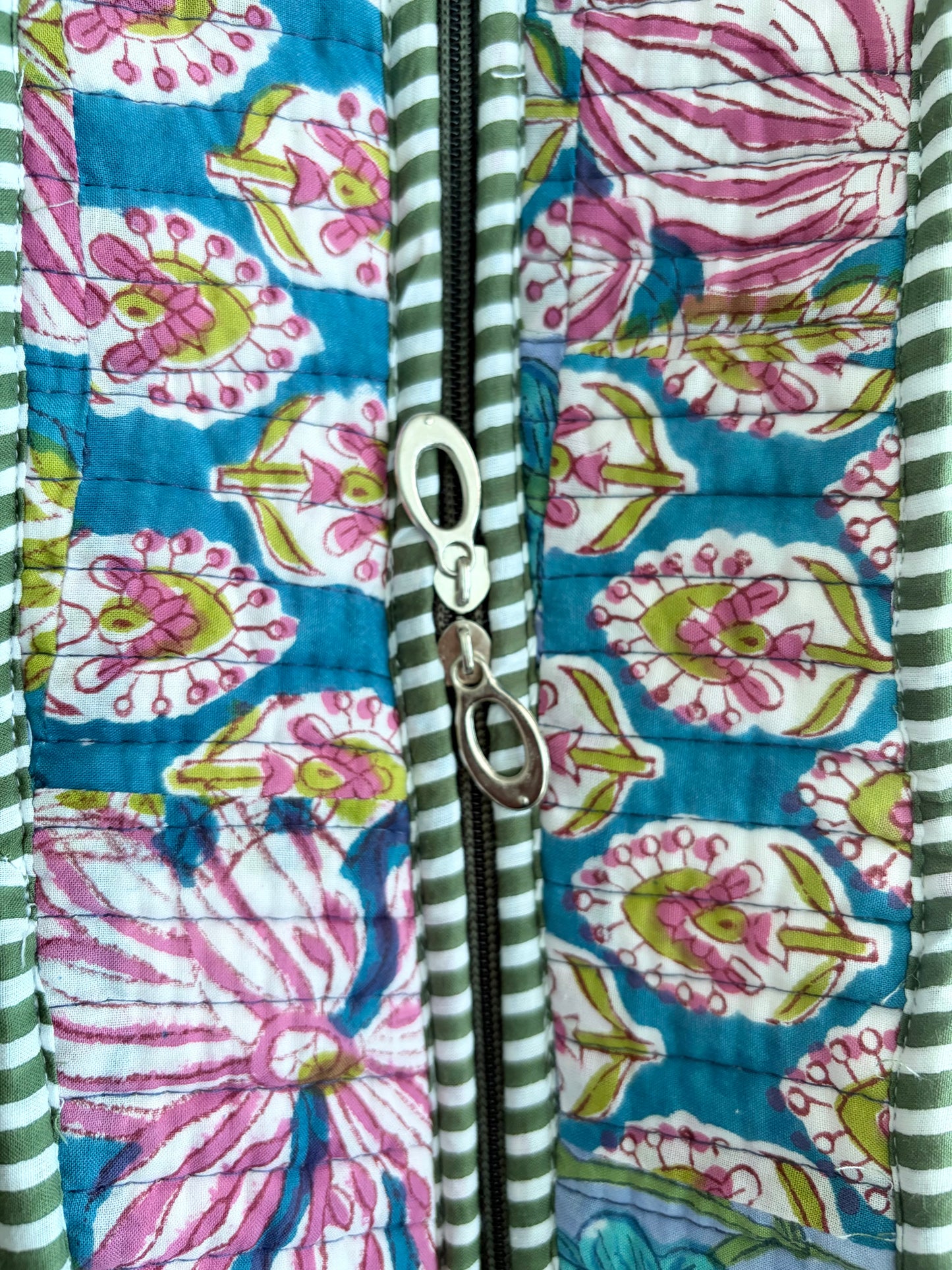 The Meera Sage Quilted Handblock Printed Cotton Patchwork Tote Bag - Blue Green