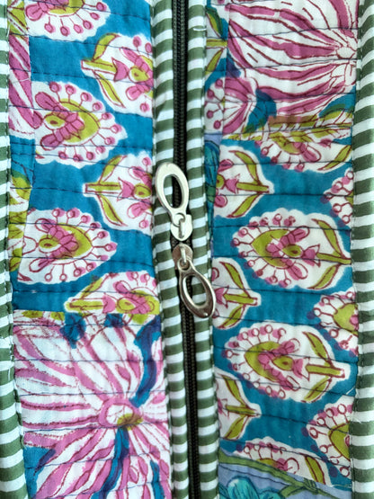 The Meera Sage Quilted Handblock Printed Cotton Patchwork Tote Bag - Blue Green