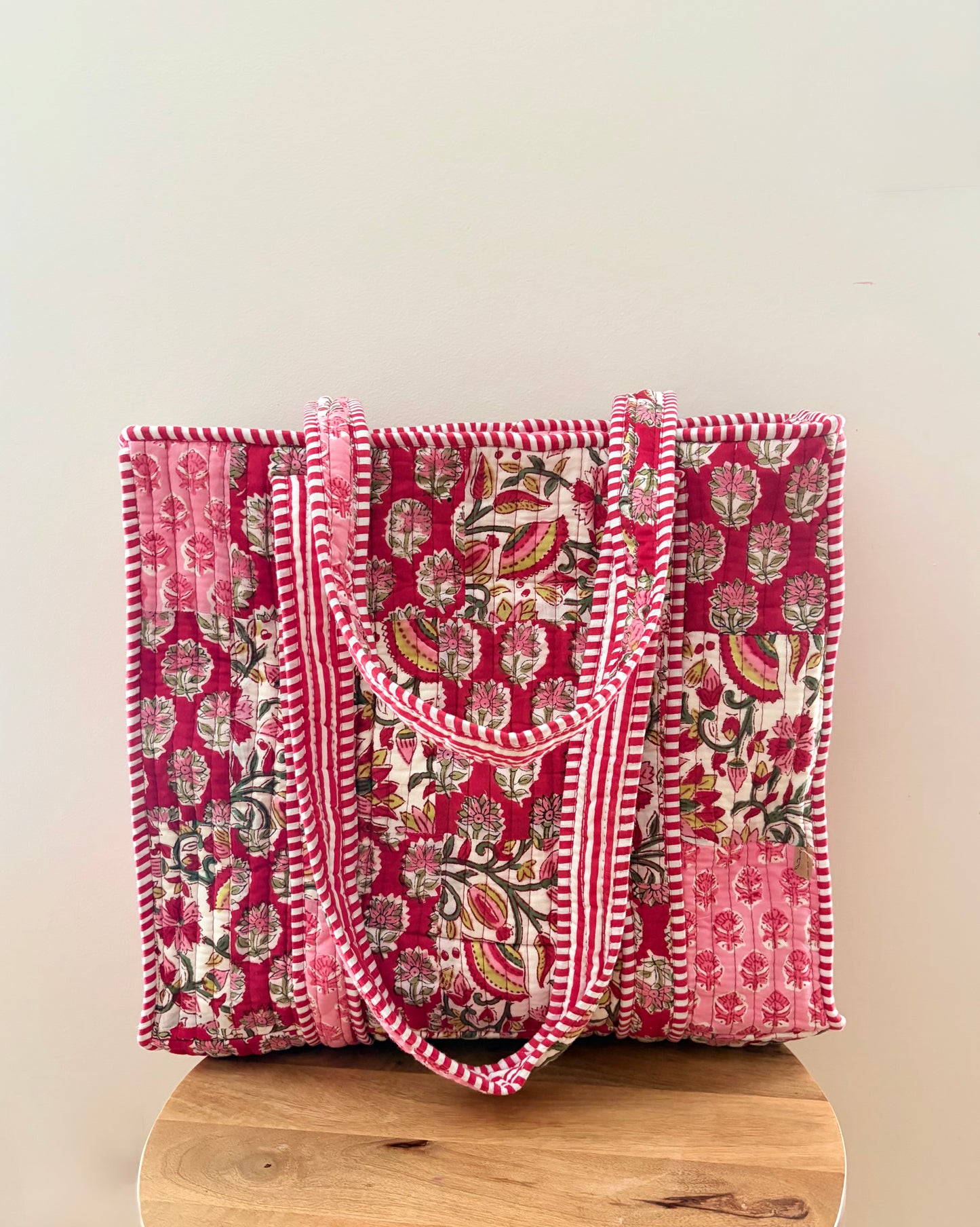 The Maya Petals Quilted Handblock Printed Cotton Patchwork Tote Bag - Red Pink Crimson
