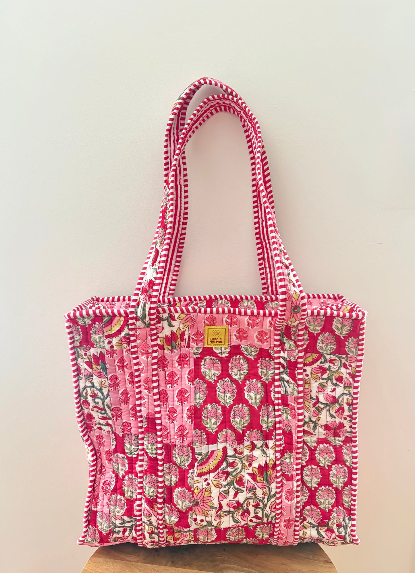 The Maya Petals Quilted Handblock Printed Cotton Patchwork Tote Bag - Red Pink Crimson