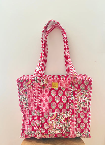 The Maya Petals Quilted Handblock Printed Cotton Patchwork Tote Bag - Red Pink Crimson