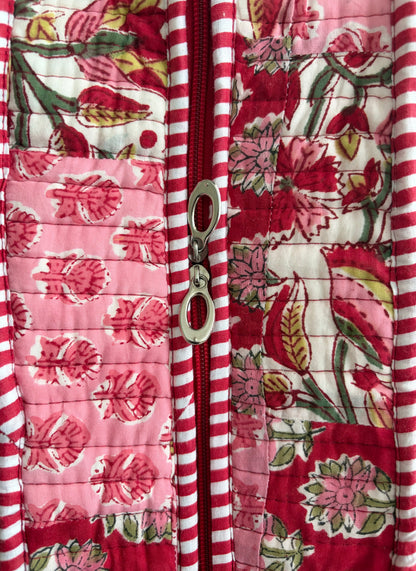 The Maya Petals Quilted Handblock Printed Cotton Patchwork Tote Bag - Red Pink Crimson