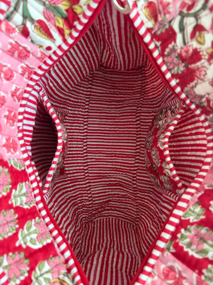 The Maya Petals Quilted Handblock Printed Cotton Patchwork Tote Bag - Red Pink Crimson