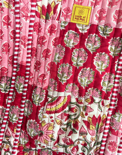 The Maya Petals Quilted Handblock Printed Cotton Patchwork Tote Bag - Red Pink Crimson
