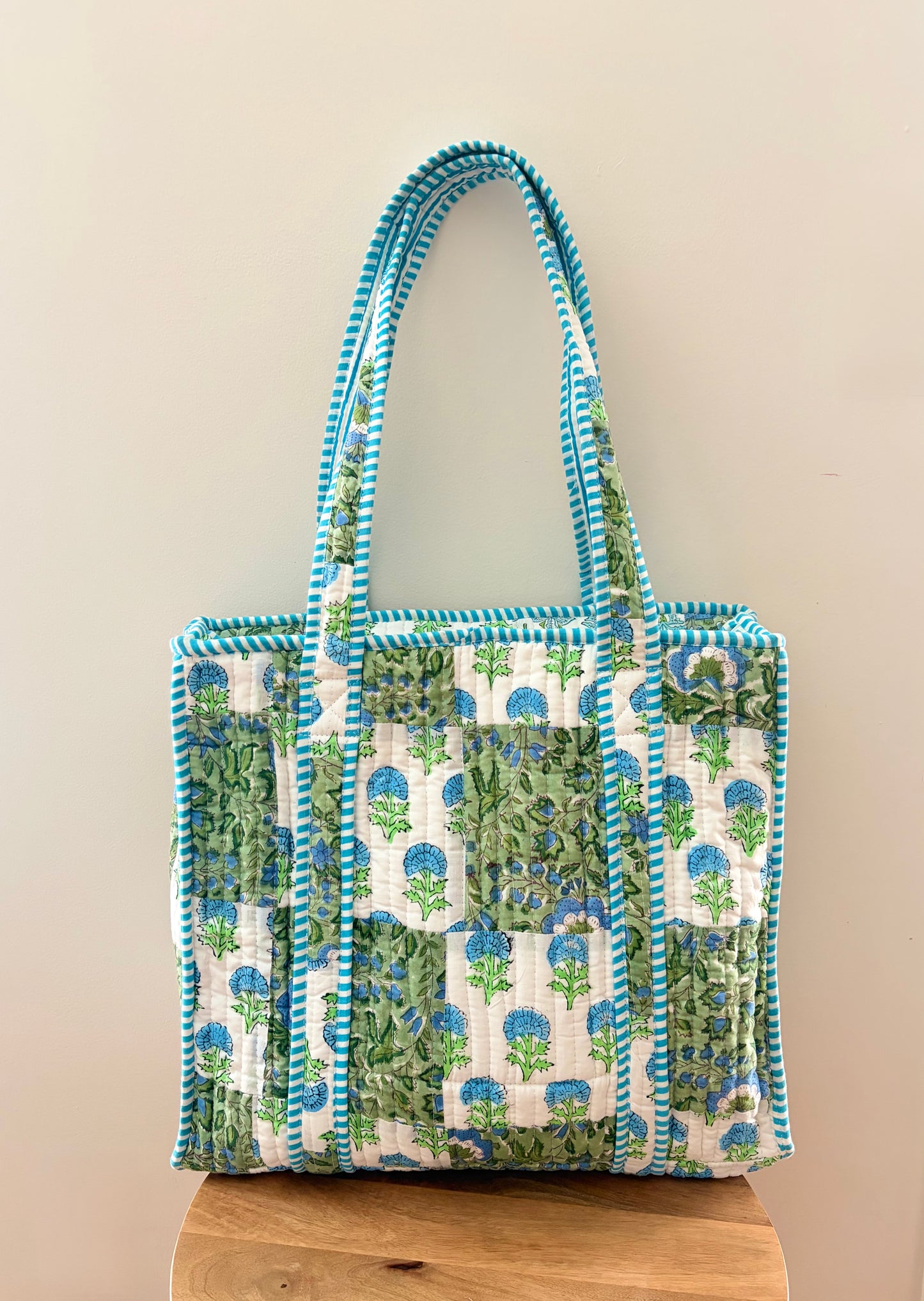 The Mint Cerulean Quilted Handblock Printed Cotton Patchwork Tote Bag - White Green Blue
