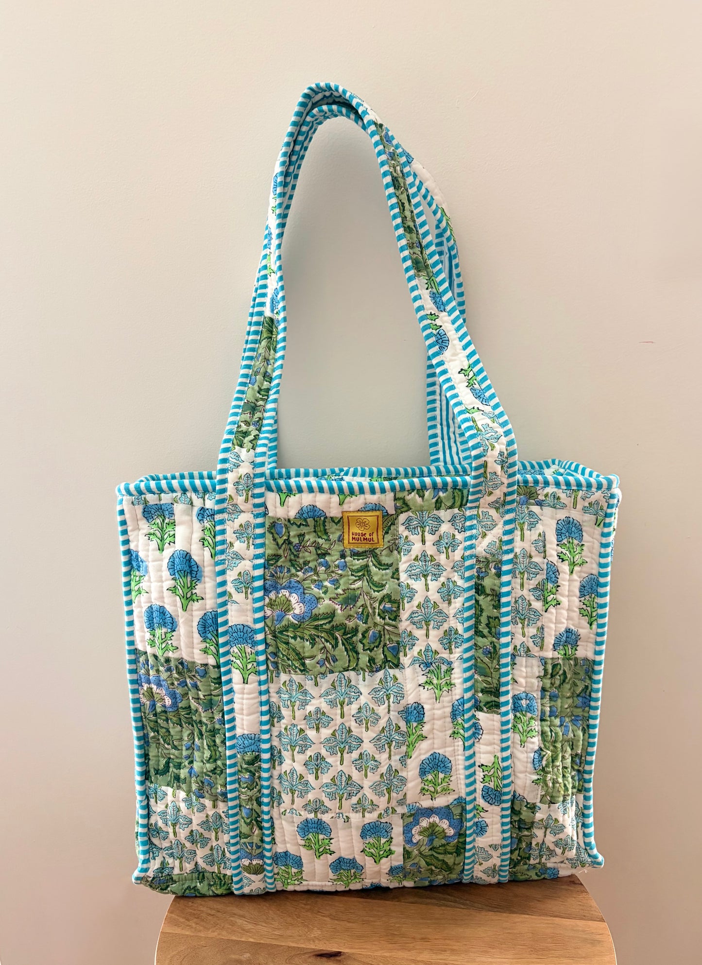 The Mint Cerulean Quilted Handblock Printed Cotton Patchwork Tote Bag - White Green Blue