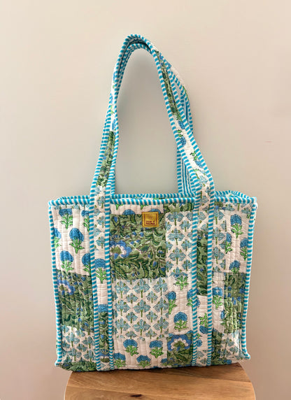 The Mint Cerulean Quilted Handblock Printed Cotton Patchwork Tote Bag - White Green Blue
