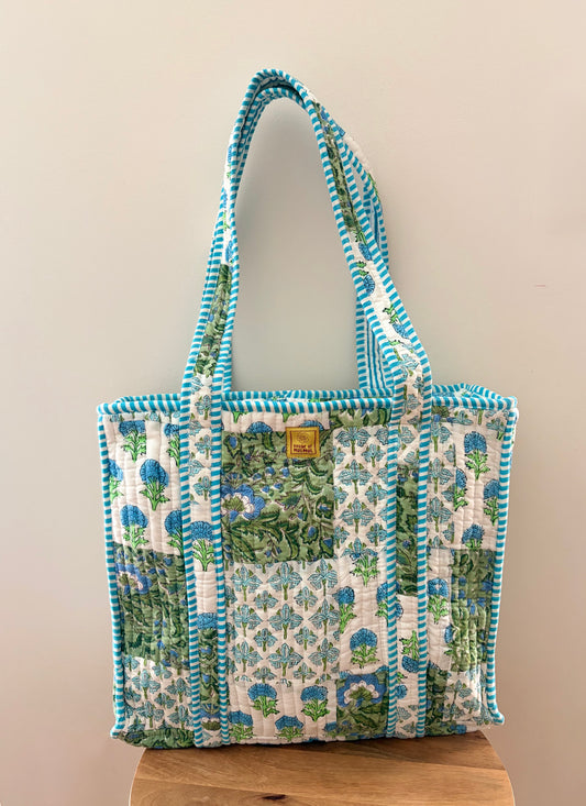 Sage & Sky Quilted Handblock Printed Cotton Patchwork Tote Bag - White Green Blue