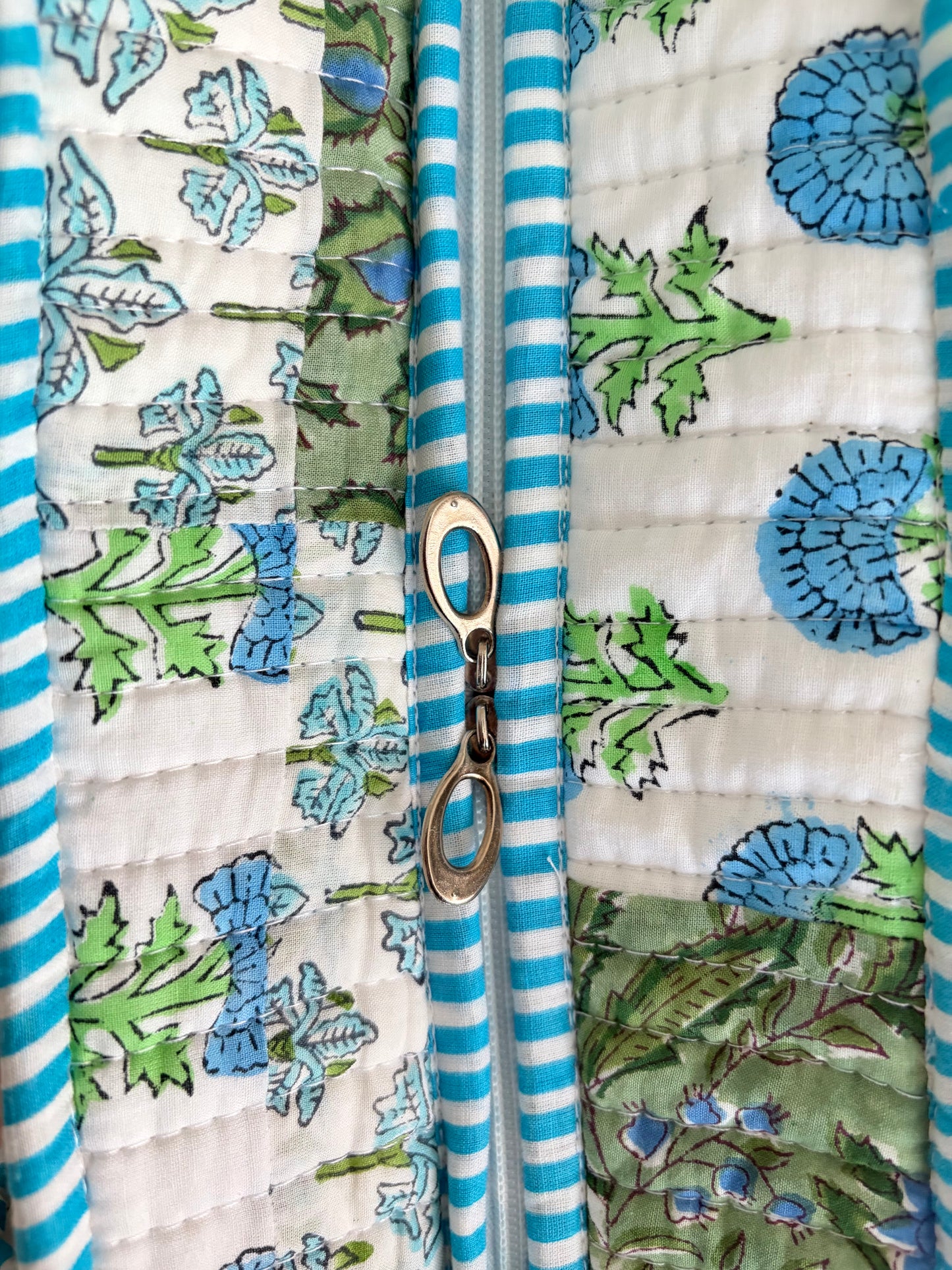 The Mint Cerulean Quilted Handblock Printed Cotton Patchwork Tote Bag - White Green Blue