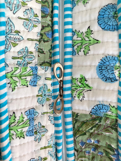 The Mint Cerulean Quilted Handblock Printed Cotton Patchwork Tote Bag - White Green Blue
