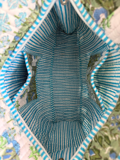 The Mint Cerulean Quilted Handblock Printed Cotton Patchwork Tote Bag - White Green Blue