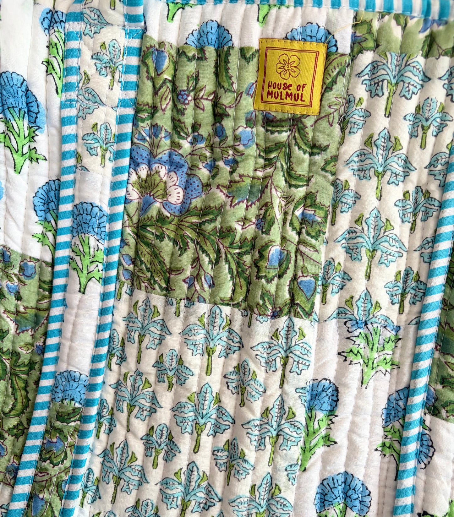 The Mint Cerulean Quilted Handblock Printed Cotton Patchwork Tote Bag - White Green Blue